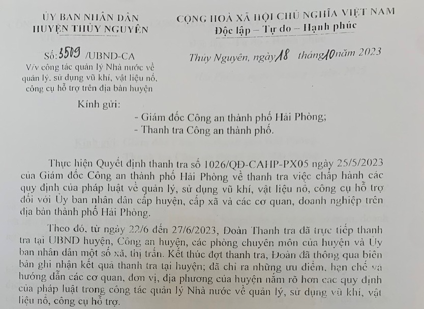 UBND huyện Thủy Nguyên gửi thư cảm ơn